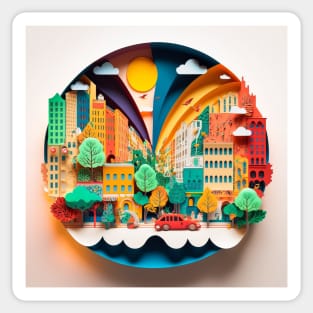 3D Effect Papercut Art - Cityscape Scene Sticker